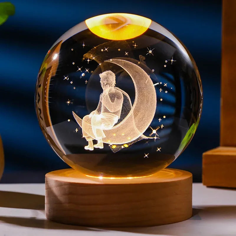 Luminous Crystal Ball Night Light 3D Interior Carving of Astronaut Eiffel Tower Creative Trinkets Solid Wood Base Usb Interface