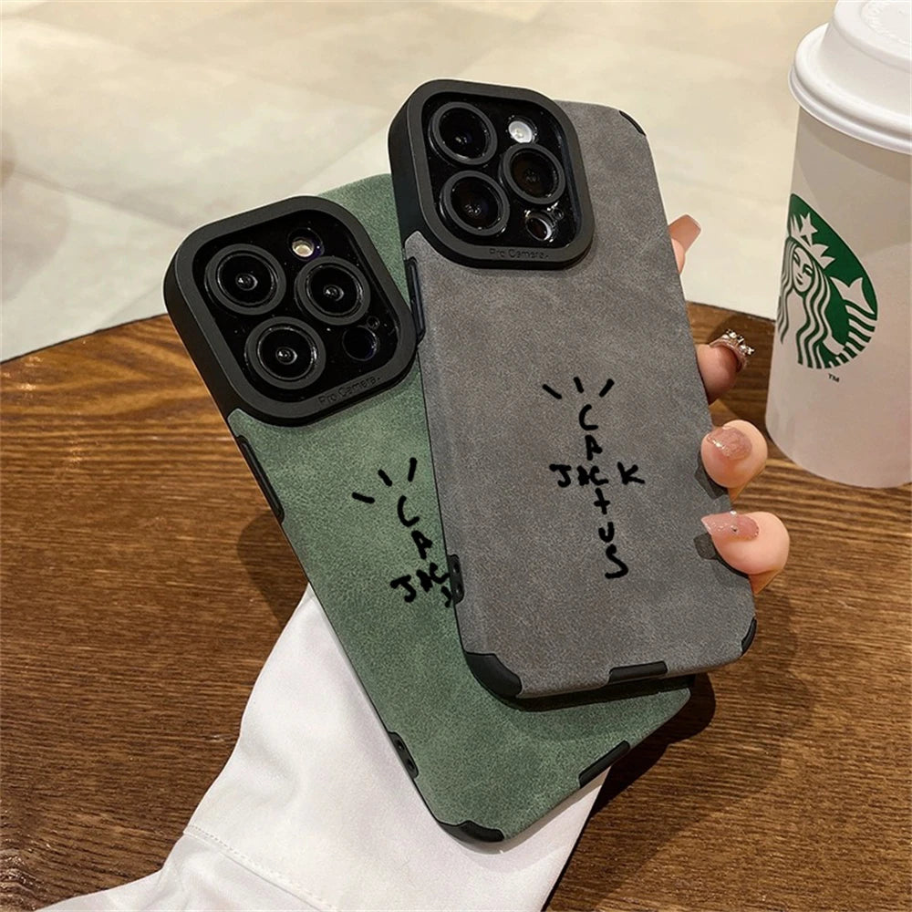 Luxury Suede Soft Leathe Cactusjack Hip Hop Phone Case For iPhone 11 12 13 mini 14 15 16 Pro Max XS XR Shockproof Anti-fur Shell