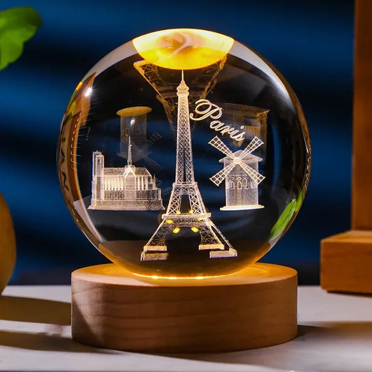 Luminous Crystal Ball Night Light 3D Interior Carving of Astronaut Eiffel Tower Creative Trinkets Solid Wood Base Usb Interface