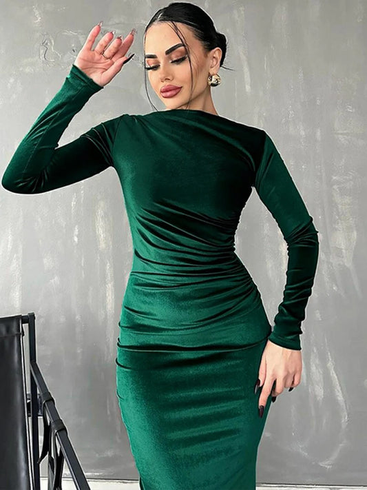 Dulzura 2024 Spring Summer Velvet Long Sleeve Midi Dress For Women Ruched Long Dress Elegant Party Clothes Evening Green Outfits